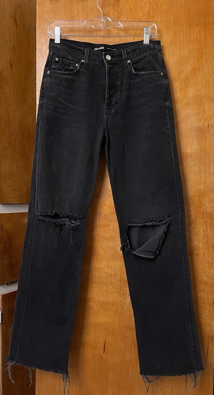 Grlfrnd The Bella Low Rise Boyfriend Jeans Distressed Black Route 66 Sz 25 Frays